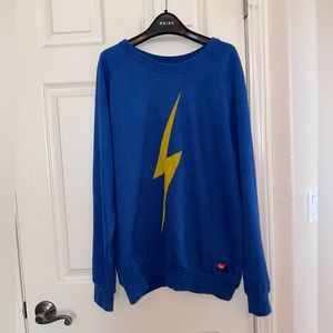 Aviator Nation large navy blue crewneck sweatshirt with yellow lightening bolt